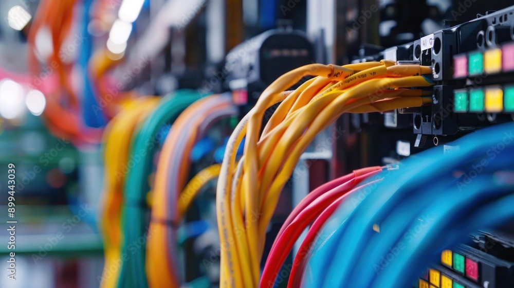 Poster a closeup of colorful wires connecting to a black box in a technology environment