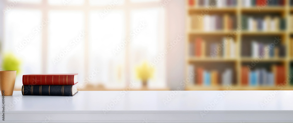 Poster white desk with book, plant and blurred bookshelf in the background, bright sunlight from window to 