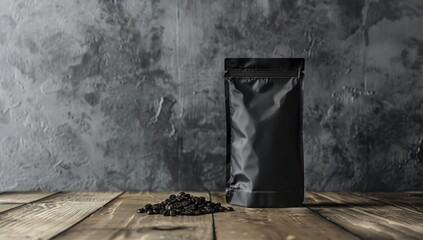 A black coffee bag mockup with coffee beans on a rustic wooden table