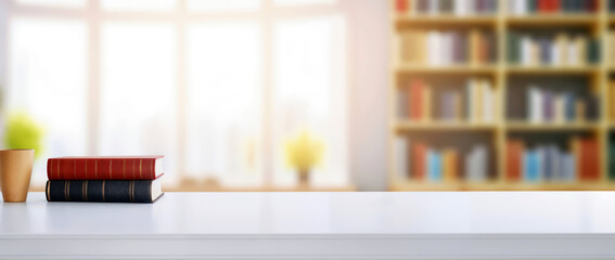 White desk with book, plant and blurred bookshelf in the background, bright sunlight from window to the left, perfect for product display