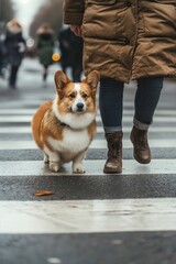 A corgi walking on a city street alongside its owner, capturing the essence of urban pet life.