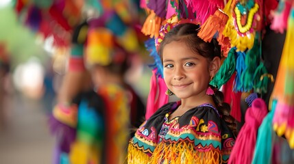 Fototapeta premium A Mexican child in traditional dress, holding a vibrant piata.