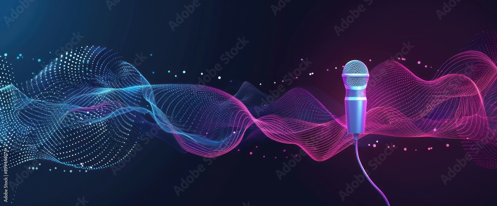 Poster a silver microphone standing in front of a blue and pink abstract wave of light