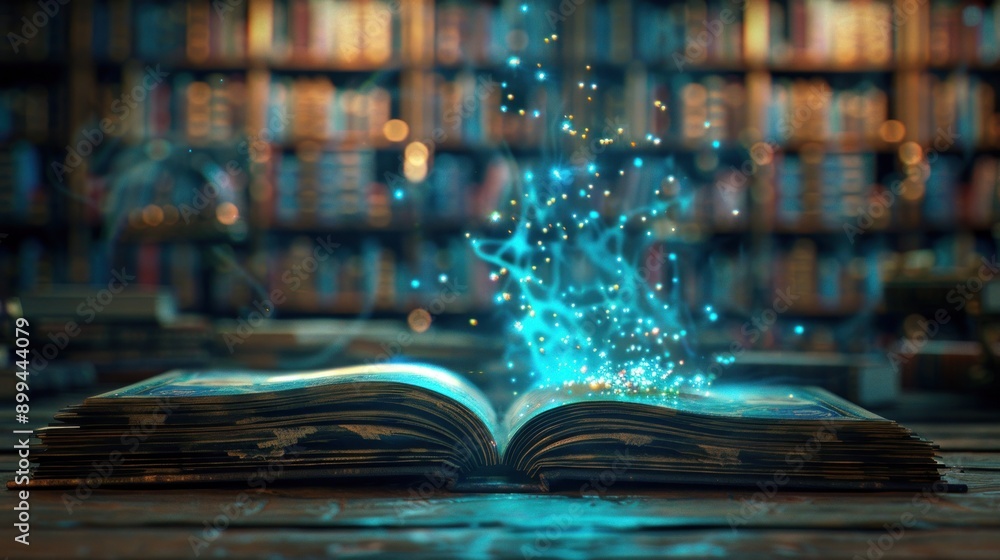 Poster An open book with a magical blue glow emanating from its pages set against a backdrop of a blurred bookshelf
