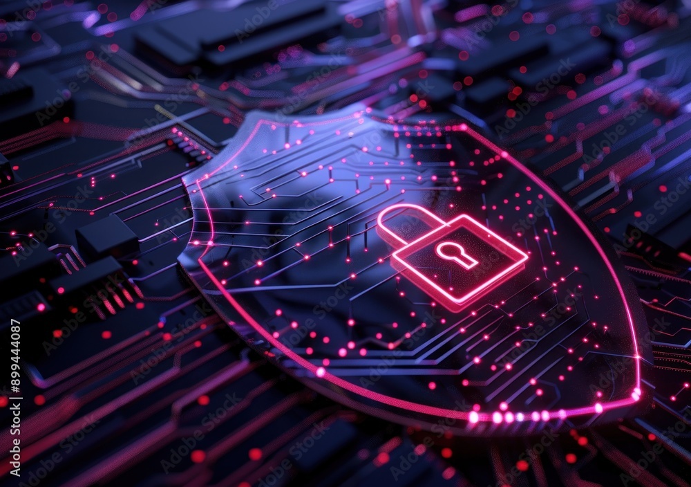 Poster A digital representation of security with a glowing padlock inside a shield on a circuit board