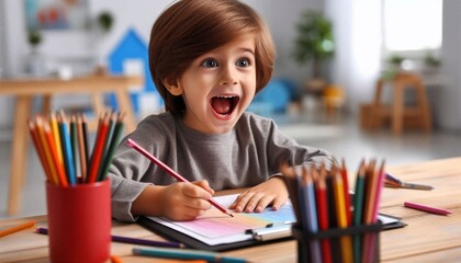 Excited Little Boy Learning to Draw with a Color Pencil in School.