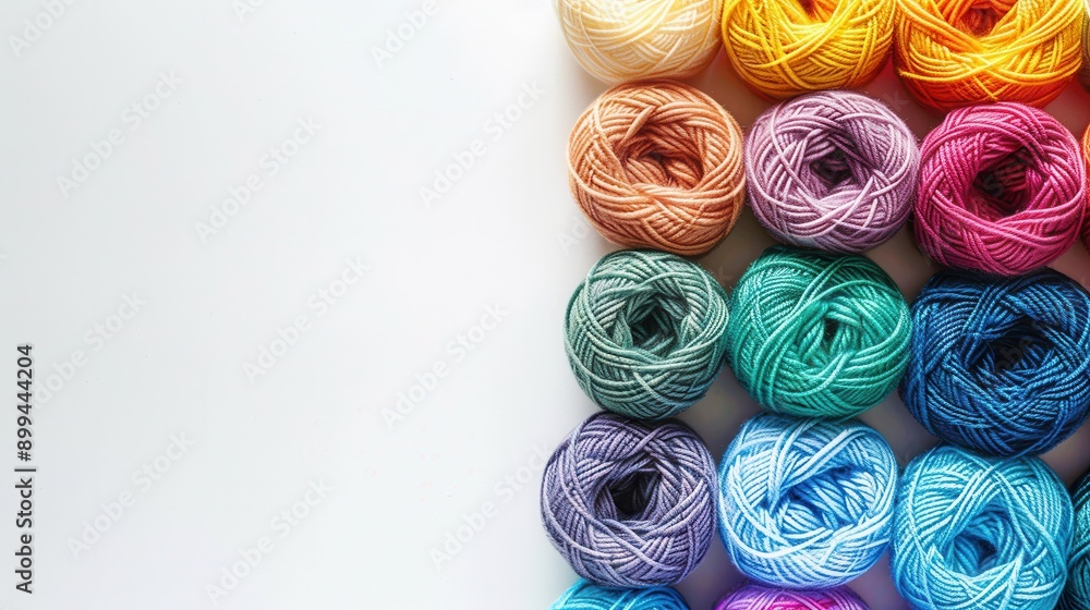 Aufkleber colorful yarn rolls are organized in a neat grid on a white background, leaving space for creative t