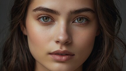 Pretty young model lady with a perfect shape eyebrows, captivating green brown eyes with long lashes, small pointed nose and sexy lips close up projecting, posing in front of the camera