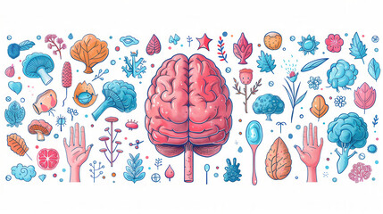 Colorful Hand-Drawn Brain Illustration Surrounded by Various Nature Elements and Symbols Representing Creativity, Growth, and Mental Health. T-shirt print