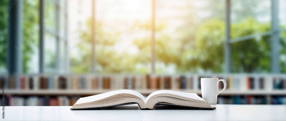 Poster open book on a table with a coffee cup in library with green nature background from the window