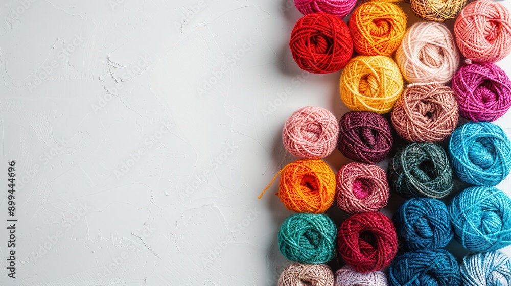 Fototapete Colorful yarn rolls are neatly arranged in a grid formation, providing a vibrant backdrop with ample space for adding creative text or designs. Generative AI