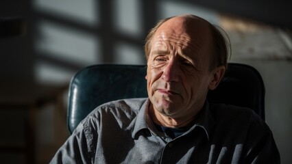 A man sitting in a chair with his head down and looking away, AI