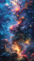 Vivid Cosmic Nebula with Bright Stars and Colorful Gas Clouds in Deep Space, Creating a Mystical and Dreamlike Outer Space Scene. Phone theme, phone wallpaper, backgrounds