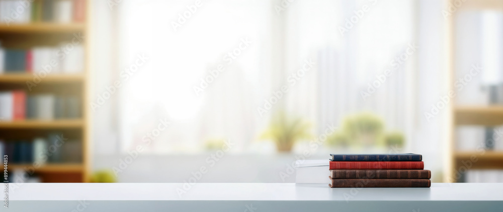 Poster Stack of books is sitting on a white desk in a home office, with a blurred background of a bookshelf and window