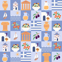 Greek theme seamless pattern. Set of icons with symbols of Greece. Temples, flowers, olives, sea, Santorini. Vector illustration