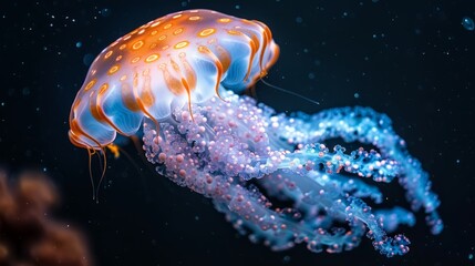 Naklejka premium undersea,jellyfish,which focus on flash lighting,len marco,black background --ar 16:9 --stylize 1000 Job ID: c39e1917-f14d-4675-9b18-4f95df3d2ca2