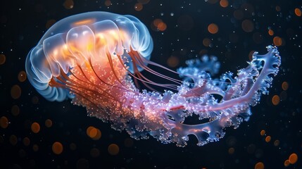 Fototapeta premium undersea,jellyfish,which focus on flash lighting,len marco,black background --ar 16:9 --stylize 1000 Job ID: e6dc4fe0-d8e8-420a-a497-087f8c91ef7e