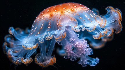 Fototapeta premium undersea,jellyfish,which focus on flash lighting,len marco,black background --ar 16:9 --stylize 1000 Job ID: e6dc4fe0-d8e8-420a-a497-087f8c91ef7e