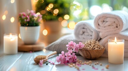 Spa Setting with Candles, Towels, and Aromatherapy