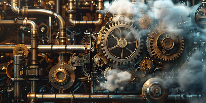 A complex steampunk machine with gears, pipes, and steam billowing from its many intricate components