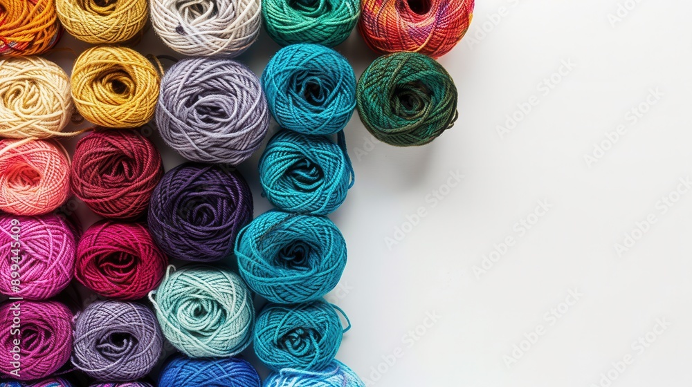 Poster A vibrant collection of yarn rolls arranged neatly on a white background, providing ample space for additional text or creative designs. Generative AI