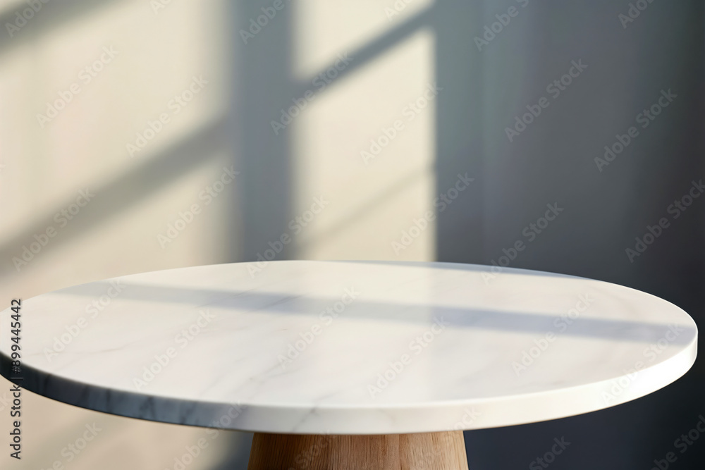 Aufkleber empty round table with sunlight shadow from window in room