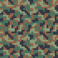 Camouflage seamless pattern for fabric print. digital pixel tiles. Woodland military textile. Modern camo uniform for war soldiers. Multicolor militaristic wallpaper. Vector design.
