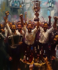 Naklejka premium Group of Men Celebrating with Trophies