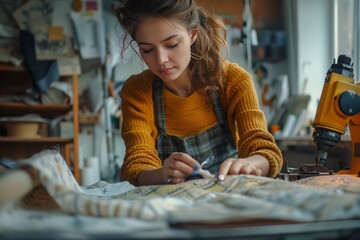 Woman Sewing Fabric in a Workshop