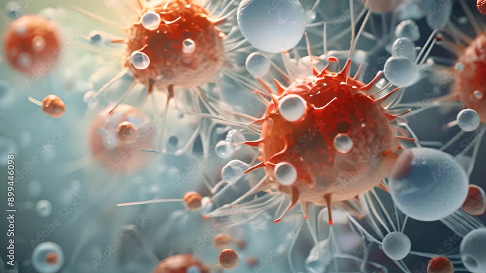 Poster a close up of a cell with a red and white virus in the middle. the virus is surrounded by many other