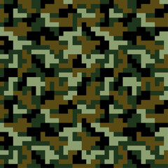 Camouflage seamless pattern for fabric print. digital pixel tiles. Woodland military textile. Modern camo uniform for war soldiers. Multicolor militaristic wallpaper. Vector design.