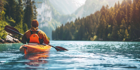 kayaker traveling on a huge mountain lake with current