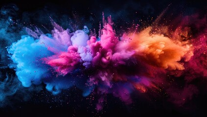 Colorful smoke explosion on dark background, colorful powder splash, vibrant color cloud of paint and ink in water, creative concept for design elements, vibrant color splashes, explosion effect