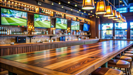 Modern empty wooden counter in a lively sports bar or pub with blurred televisions displaying multiple sporting events in the background.