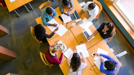 Diverse group of students studying together in a library.