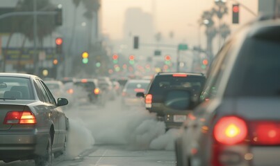 Naklejka premium traffic jam in a city street letting see smoky smog, Generative AI