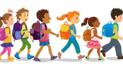 A group of diverse children walking to school.