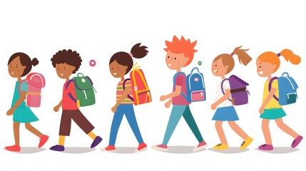 Fototapeta premium Six kids walking to school with backpacks.