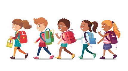 Fototapeta premium Five kids walk to school together, carrying backpacks and smiling.