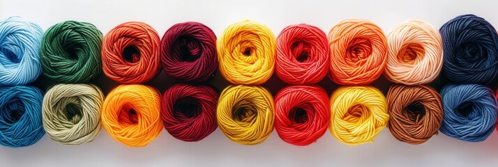 A vibrant assortment of neatly arranged yarn rolls showcases various colors against a clean white backdrop, ideal for crafting inspiration and text. Generative AI