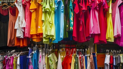 A colorful display of clothing hangs on a rack, ready for sale.