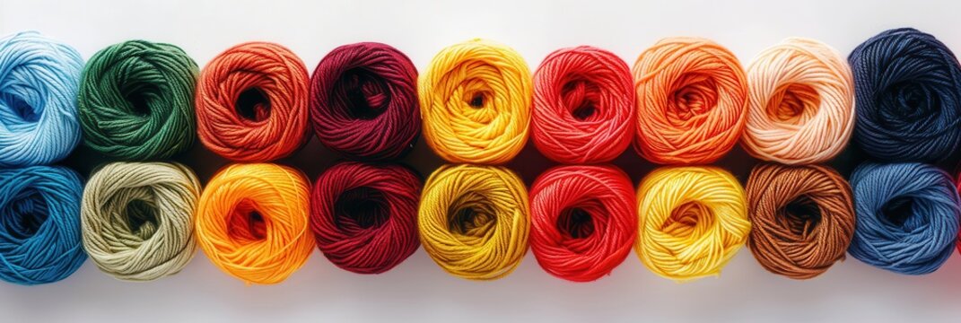 A vibrant assortment of neatly arranged yarn rolls showcases various colors against a clean white backdrop, ideal for crafting inspiration and text. Generative AI