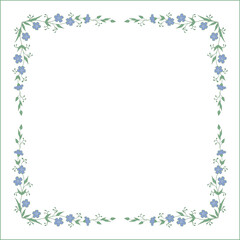 Obraz premium Elegant green and blue vegetal ornamental frame with blue flowers, decorative border, corners for greeting cards, banners, business cards, invitations, menus. Isolated vector illustration. 