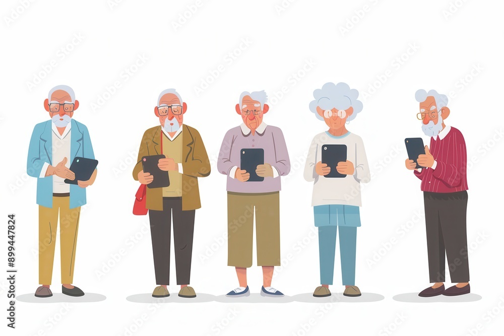 Poster a group of elderly individuals use tablets, focusing on their devices while participating in a commu