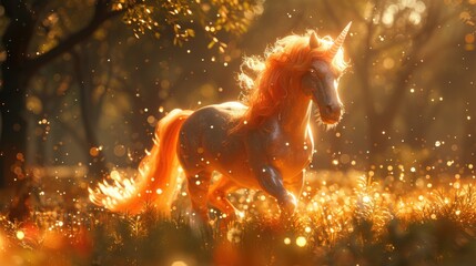 A 3D cartoon illustration of a peach fuzz-colored unicorn, prancing through a magical forest with sparkling fairy dust and enchanted trees, creating a whimsical atmosphere