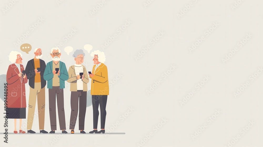 Poster a group of elderly individuals is conversing and using their smartphones, enjoying a lively moment t