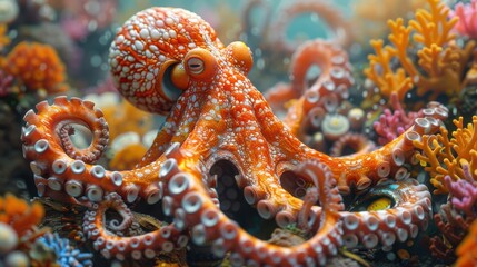 A 3D cartoon image of a peach fuzz-colored octopus playing musical instruments underwater, with a lively band of sea creatures in a colorful coral reef