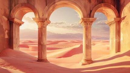 Surreal Vintage Room in Desert with Antique Columns and Panoramic Arch Window on Pink Sand - Abstract Empty Interior Design