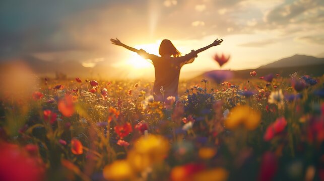 A person dancing freely in a field of wildflowers, exuding pure happiness and freedom.
