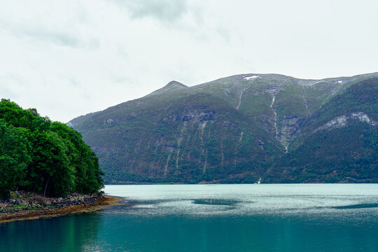 The Lustrafjorden Fjord seen from Ornes, Norway.
